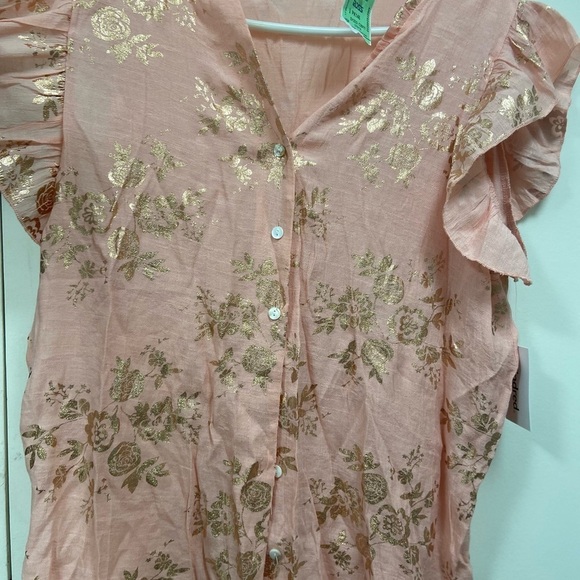 Anthropologie Tops - Kindred pale pink peasant women’s blouse size 1x w gold foil floral